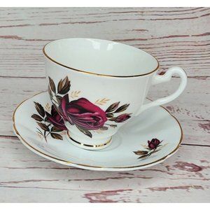 Hamilton Made In England Fine Bone China Red Rose Tea Cup And Saucer Gold Trim